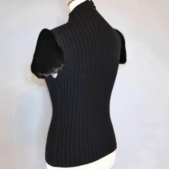 Valentino Black Cashmere Wool Sweater Genuine Fur Short Sleeve Mock neck Top
